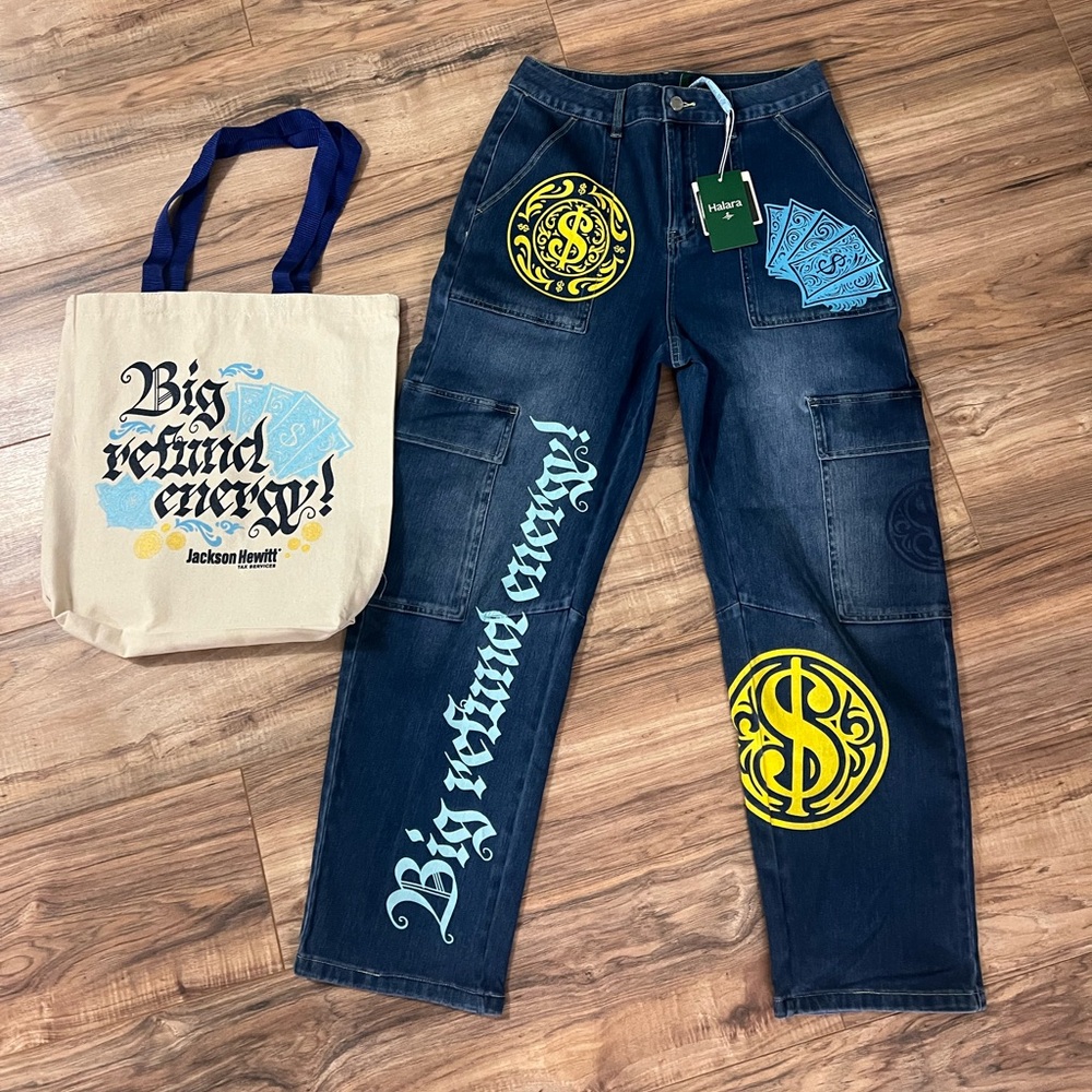 Brand New custom made Jackson Hewitt Big Refund Energy jeans Halara size medium